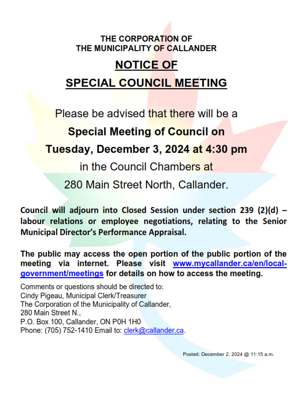 NOTICE OF SPECIAL COUNCIL MEETING